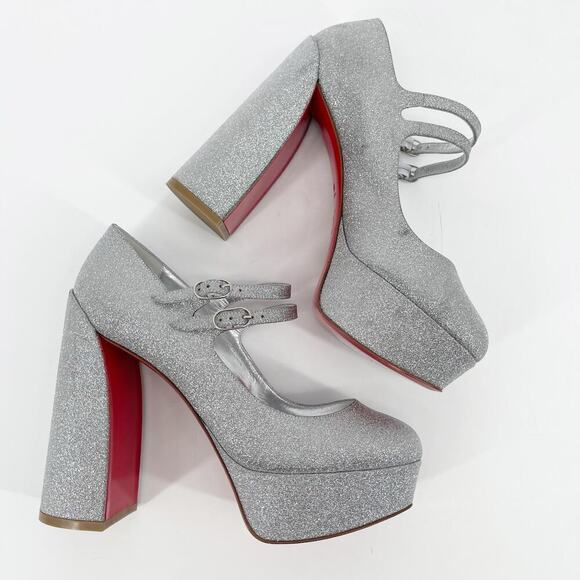 Christian Louboutin Silver Glitter Movida Jane Platform Mary Jane Pump EU 38.5 - Picture 3 of 15